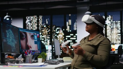Black woman using VR glasses and neural networks to edit photos, retouching content and generating materials with machine learning and AI tools. Turning text to image with virtual reality. Camera B.