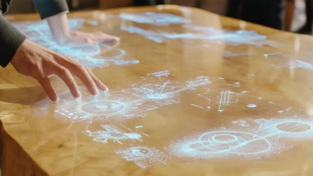 Closeup medium shot of a stylish wooden surface featuring integrated touch controls highlighting the smooth interaction between wood and digital functionality