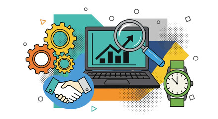 Business strategy illustration showing collaboration and financial growth elements