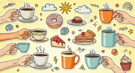Hand-Drawn Illustration Featuring Coffee Cups, Desserts, and Decorative Elements