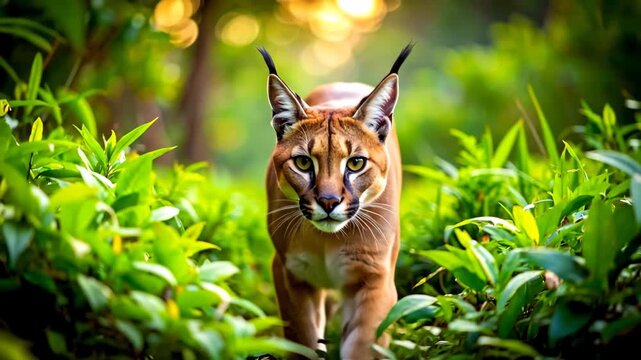 Majestic Caracal Walking Through Lush Green Jungle Foliage.