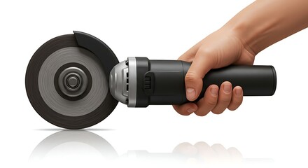 Close-up shot of a person's hand holding an angle grinder with a cutting disc