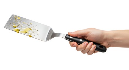 Close-up of a person's hand holding a dirty metal spatula with food residue after cooking, isolated on a white background