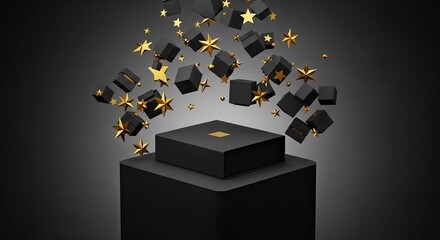 Black gift box exploding with golden stars and cubes on a pedestal.