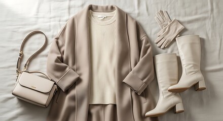 Elegant Beige Outfit Flat Lay with Coat, Top, Bag, Gloves, and Boots.