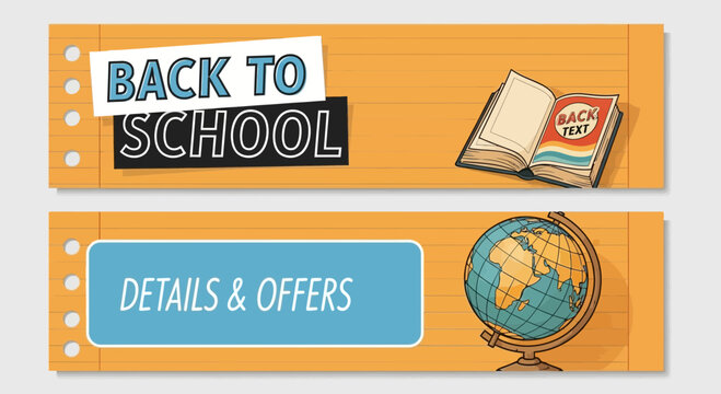 Back to school promotional banner with book and globe, offering details