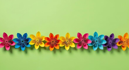 Colorful handmade paper flowers arranged in a row on a light green background.