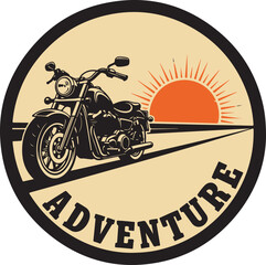 "Adventure" Motorcycle with Sunset on Road.  Biker, road trip, and freedom travel emblem graphic