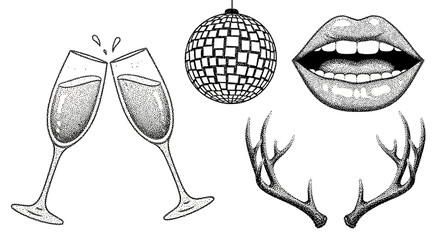Monochrome celebration elements in stipple style with champagne and party theme
