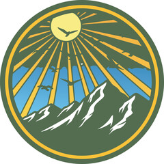 Circular Mountain Landscape with Sun Rays and Birds. Nature, outdoor adventure, and travel badge graphic
