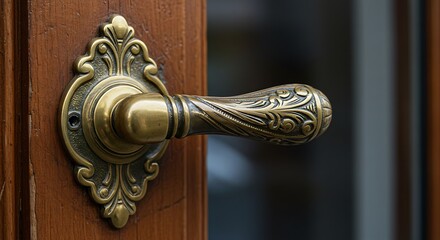A close-up view of an elegant vintage brass door handle with intricate engravings on a classic wooden door, symbolizing a welcoming entrance