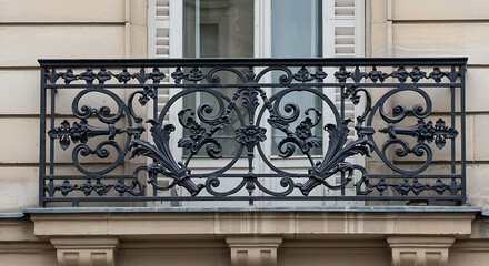 Detailed view of an ornate black wrought iron balcony with intricate scrollwork, a classic feature of elegant Parisian architecture