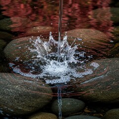 Clear water stream splashing into a tranquil rock pool with reflections.