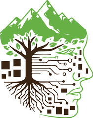 Human Head Profile with Tree, Roots, Circuit Board, and Mountains.  Nature, technology, and environmental intelligence graphic