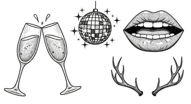 Elegant dotwork illustration featuring champagne glasses, a disco ball, lips, and antlers