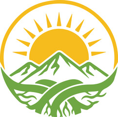 Circular Mountain Landscape with Sunrise and Roots. Nature, environment, and organic growth graphic badge