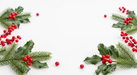 Festive Christmas background with fir branches and red berries on a white surface.