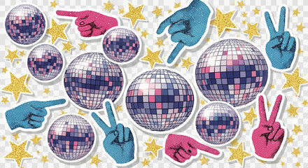 Funky Disco Party Background with Disco Balls, Hands, and Glittering Stars Pattern