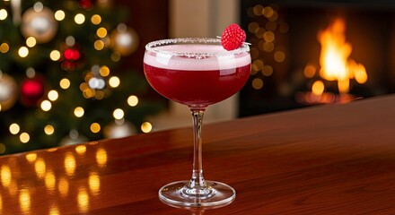 Festive Red Raspberry Cocktail by a Cozy Fireplace at Christmas.