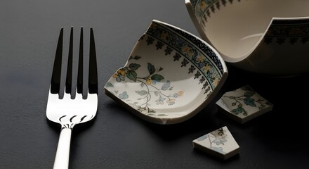 Close-up of a set of broken ceramic bowls and a fork on a dark surface, highlighting the fragility and delicate nature of ceramic tableware in a minimalistic setting