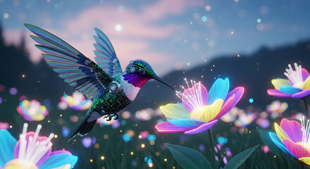 Obraz premium Vibrant hummingbird exploring a field of glowing, colorful flowers under a soft twilight sky