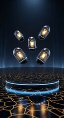 Futuristic product display with glowing energy capsules floating above a hightech podium.