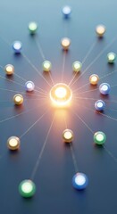 Glowing central node connected to a network of spheres representing digital communication.