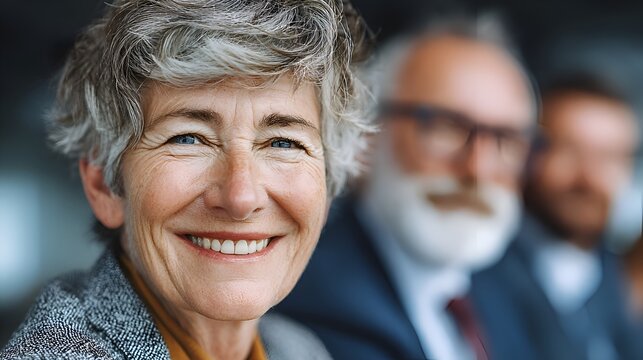 Smiling mature businesswoman with short grey hair sits in a meeting with colleagues at the office today.