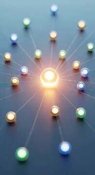 Glowing central node connected to a network of spheres representing digital communication.