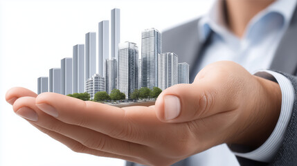 Person holds miniature cityscape their hand, symbolizing growth and investment real estate. image conveys sense of opportunity and innovation