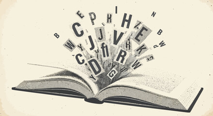 Open book with flying letters, symbolizing knowledge, education and learning