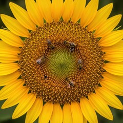 Honey bees diligently pollinating the intricate spiral center of a vibrant yellow sunflower.