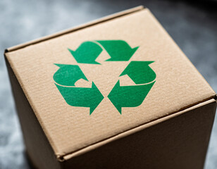 Close-up shot of a cardboard box with a green recycling symbol printed on it.