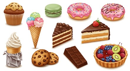 A delightful assortment of sweet treats and desserts including cupcakes, ice cream, macarons, donuts, cookies, cake slices, and a fruit tart