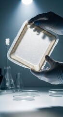 Scientist in a laboratory examining a glowing biomaterial sample in a container.