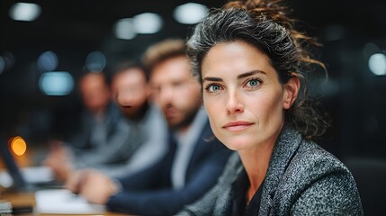 A confident businesswoman with striking gray hair looks directly at the camera du an office meeting now.