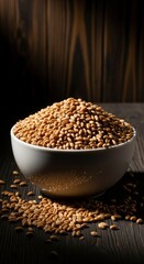 A rustic white bowl overflowing with whole wheat berries on a dark wooden table.