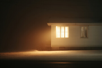 minimalistic nighttime scene featuring houses with illuminated casting warm light into cold night