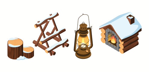 Cozy winter scene vector featuring a snow-covered cabin, fireplace, pine trees, and seasonal decorations. Perfect for holiday cards, winter illustrations, posters, and seasonal design