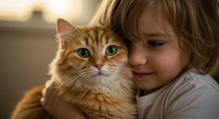 Close-up portrait of a young child gently holding a fluffy ginger cat, capturing a moment of affection and companionship between them