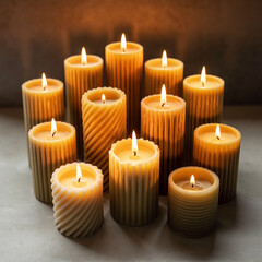 Group of lit beeswax candles with textured surfaces, arranged in a circle.