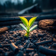 A young green plant with fresh leaves growing amidst charred wood and ashes, symbolizing new life and resilience after a fire or disturbance in a natural environment