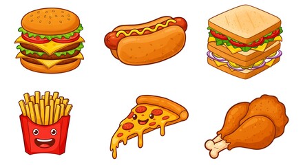Vibrant cartoon fast food collection cheeseburger, hot dog, fries, pizza, sandwich, chicken. Ideal for menus and food-themed graphic designs