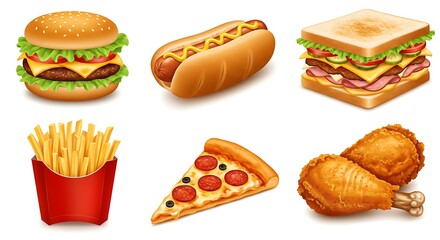 Delicious Fast Food Selection Burger, Hotdog, Sandwich, Fries, Pizza & Fried Chicken