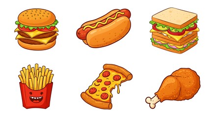 A vibrant collection of classic fast food illustrations, featuring popular American snacks like burgers, hot dogs, pizza, fries, chicken, and sandwiches, ideal for menus and designs