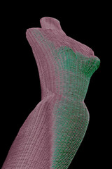A wicker model sculpture of a woman’s bodice is isolated. The female figure is curvy and partly in the shadows. Body curves are accentuated to show an attractive shape.