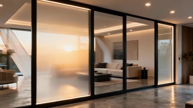 Medium shot of dimmable smart glass transitioning smoothly to create a comfortable ambiance in a stylish residential setting