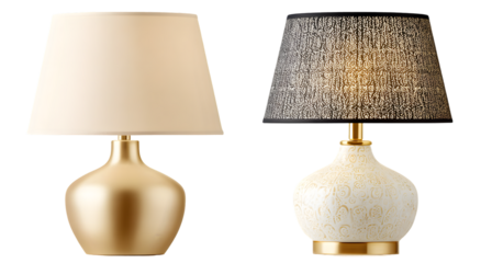 Two decorative table lamps, one gold and one white, stand against black.