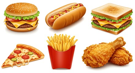 Vibrant and appetizing collection of classic fast food illustrations, including a juicy burger, hot dog, pizza, crispy fries, and golden fried chicken