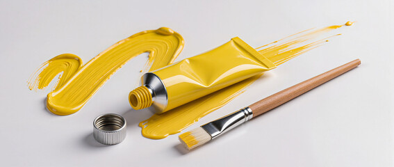 yellow paint brush and paint